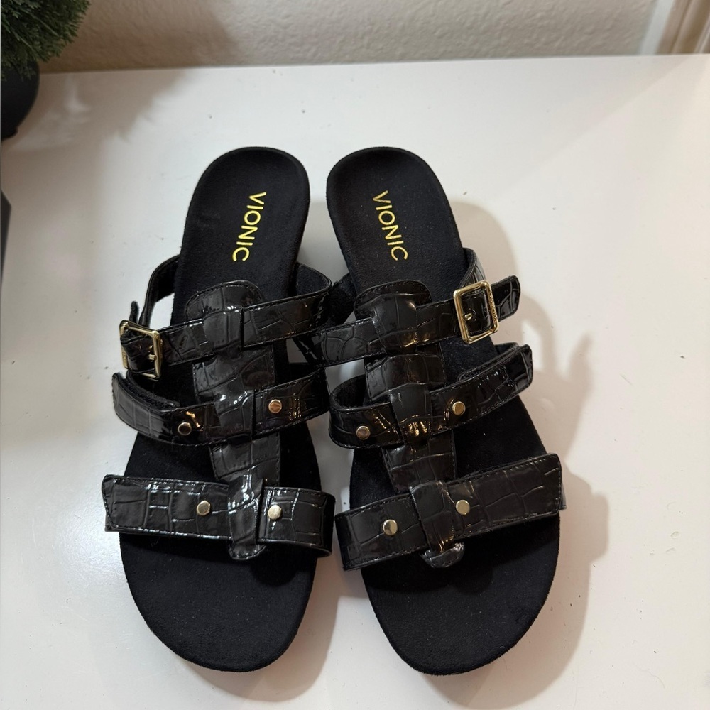 Vionic NEW Black Slide Sandals with Red Logo